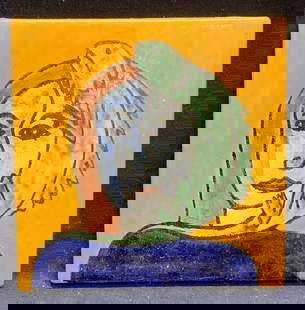 Hand Painted Ceramic Figural Lizard Tile: Hand painted ceramic tile with woman and lizard motif. Hues of yellow, blue, and green. Measures approx. 6 x 6 inches. Some surface wear including scratching observed. Tile, ceramic tile, figural