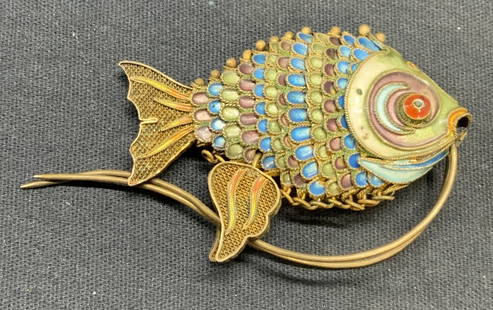 Vintage Enameled Brass Fish Figural: Vintage enameled brass fish figural. Measures approx. 2.75 x 1.5 inches. Some surface wear including scratching observed. Fish figural, fish, brass fish, enameled fish, collectibles, decorative