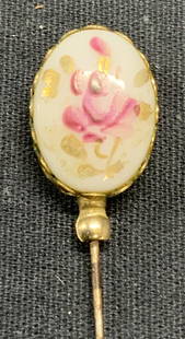 Vintage Hand Painted Gilt Porcelain Stick Pin: Vintage hand painted gilt porcelain stick pin. Measures approx. 4.25 inches long. Some surface wear including scratching observed. Estate jewelry, costume jewelry, cocktail jewelry, fashion