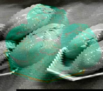 Set 6 Sgd Ceramic Fruits & Dish: Set of 6 ceramic crafted fruits and vegetables and a ceramic dish. All pieces painted the same teal tone. Ceramic food is approx 3 inches tall. Dish is approx 5.5 inches Moderate wearing to