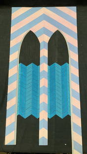 Sgd Cut Architecture Style Canvas Panel 31in: Signed on backside, illegibly. Cut canvas panel in different patterns with blue zig zag cuts in the center. Approx 31 x 14 inches. Moderate wearing to canvas due to age and use Wall decor. Canvas