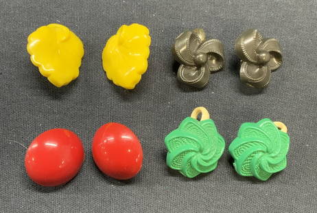 Lot 4 Vintage Red, Yellow, Green Stud Earrings: Lot of 4 vintage red, yellow, green, and gray acrylic stud earrings with clip backings. Round, flower, leaf, and ribbon motif. Largest measure approx. 1 inch wide. Some surface wear including