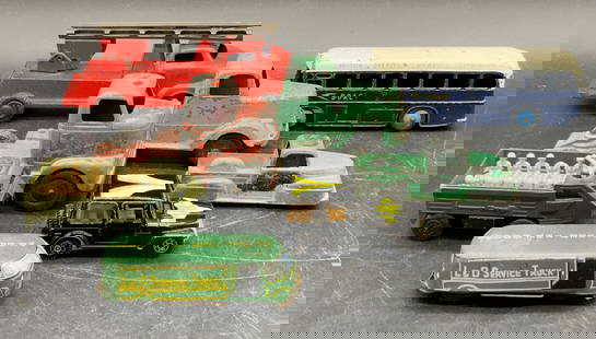 Lot 8 Vintage Metal Toy Cars, MATCHBOX & More: Eight vintage metal toy cars. Pieces are primarily crafted from metal, some have composite components. Red, green, blue, white, and black hues. Brands include TOOTSIETOY, DINKY TOYS, MATCHBOX,