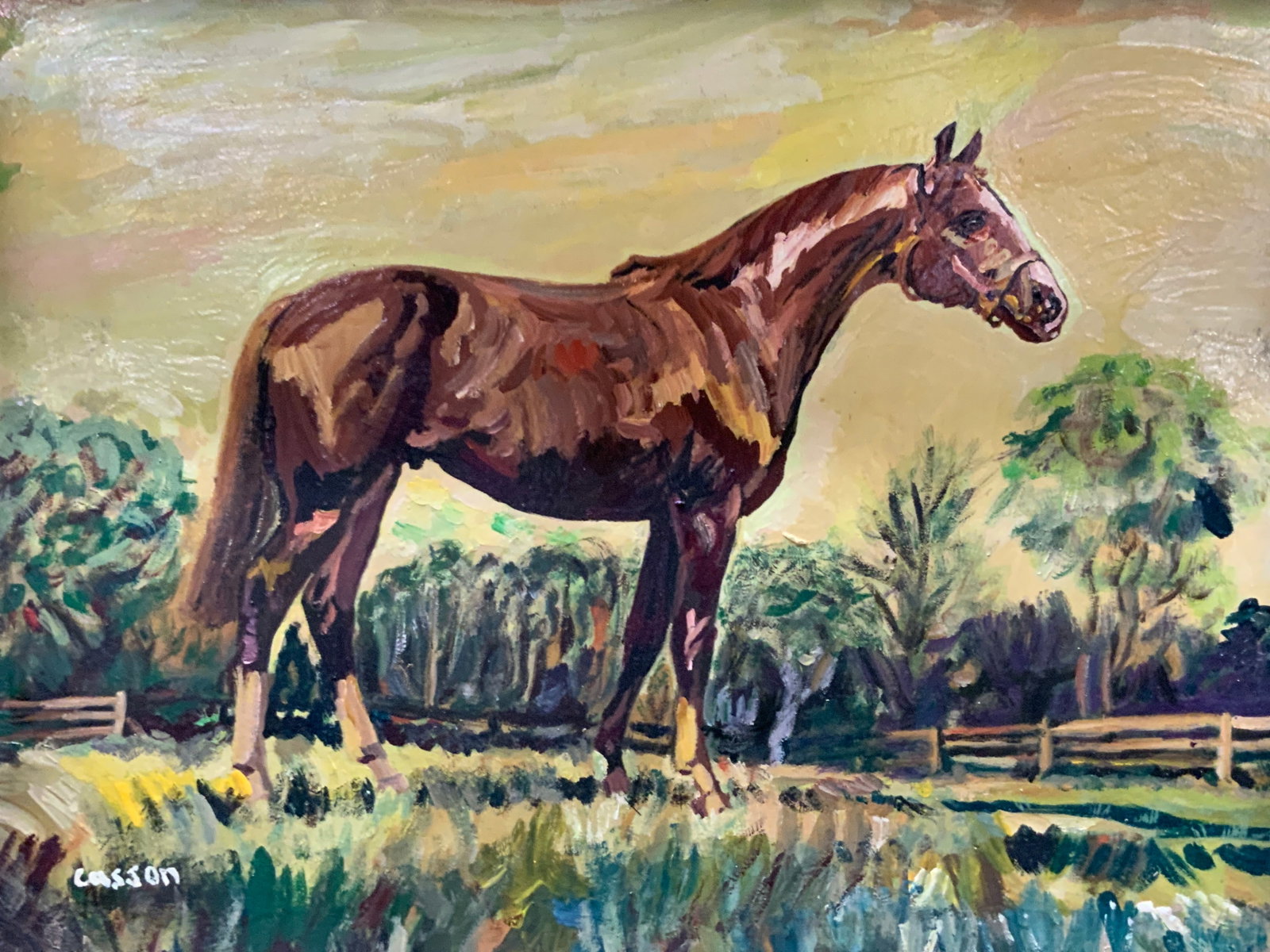 Casson Signed Vintage Horse Oil Painting: Signed on corner Casson. Depicts a standing brown horse in a pasture. Framed in a wooden frame. Approx 13 x 16 inches window measures 11 x 14 inches Evident wearing to frame and to painting on board W
