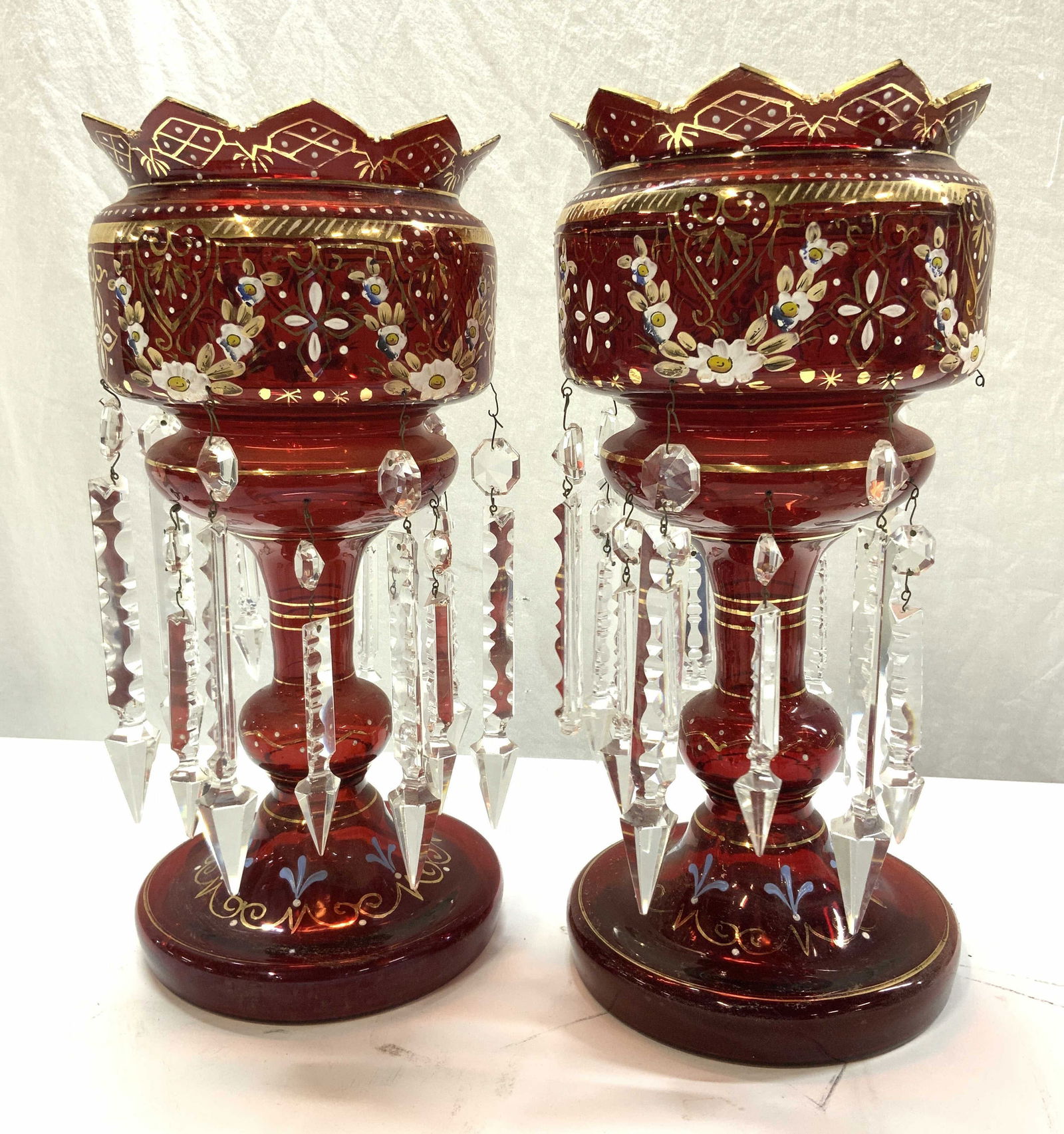 Pair Ruby Red Bohemian Glass Lusters w Crystals (1 of 6)