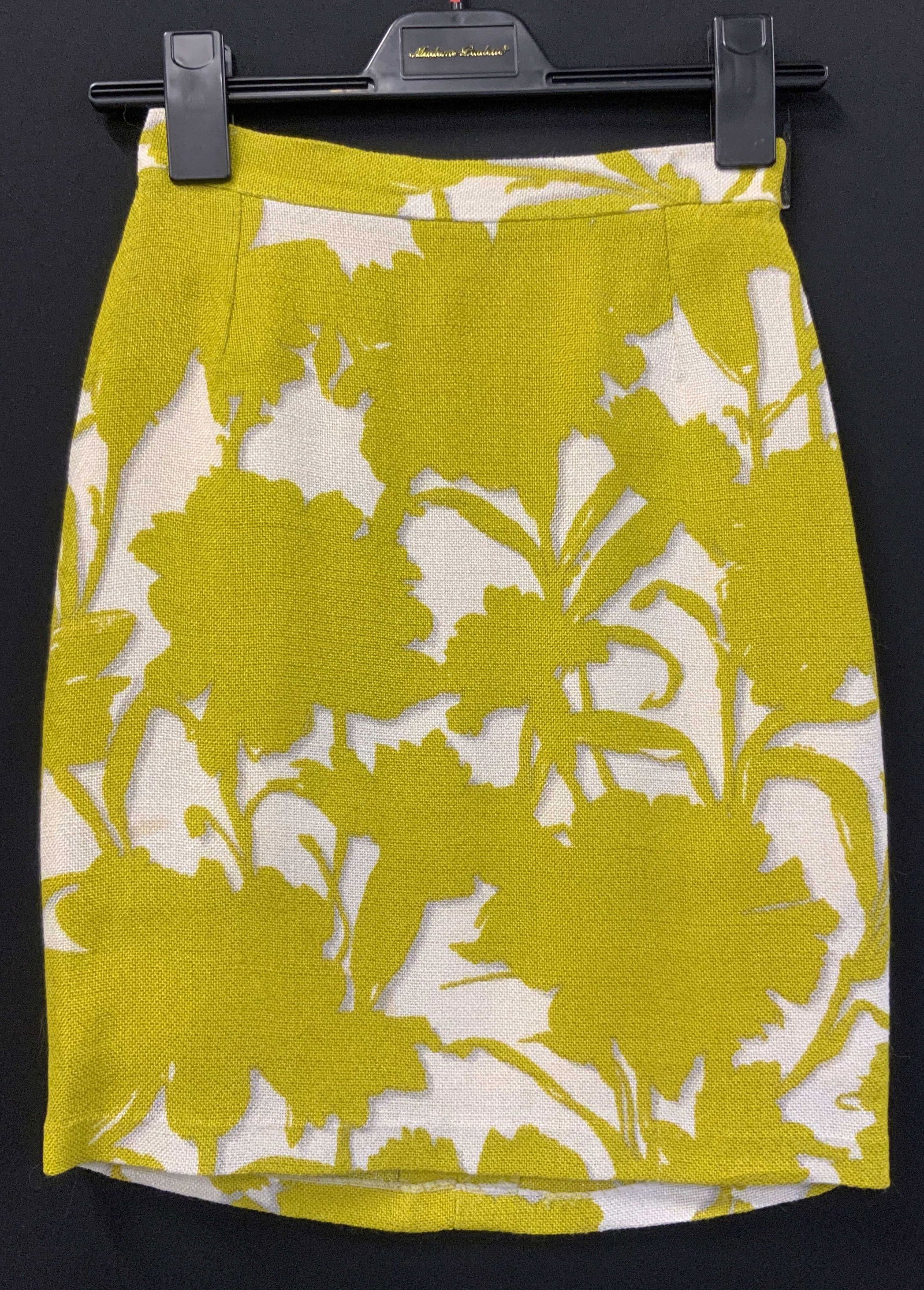 PRADA MILANO GRAPHIC PRINT SKIRT IN LIME, ITALY: Lime green and white textured Prada Milano rayon skirt with a bright yellow rayon skirt liner. Size 38./ 24 in. Waist,,20 in. Long. Like new condition. Prada Milano skirt, luxury vintage wear, ladies