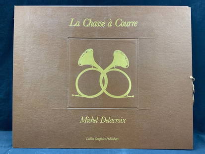 Michel Delacroix La Chase A Courre Folder: Brown toned leather made folder, marked Michel Delacroix, la chasse a courre. Comes with paper that reads the titles of the artwork. No artwork within the folder. Approx 25 x 32 inches Moderate wearin