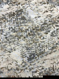 SURYA ST TROPEZ Poly Area Rug: Tag on underside reads SURYA ST TRPOEZ MADE IN TURKEY. Rug is white with blue toned floral motif detail. Rug appears to be polypropylene. Measures approx 7 ft long 5 ft 2 in long. Rug, Surya rug, Sury