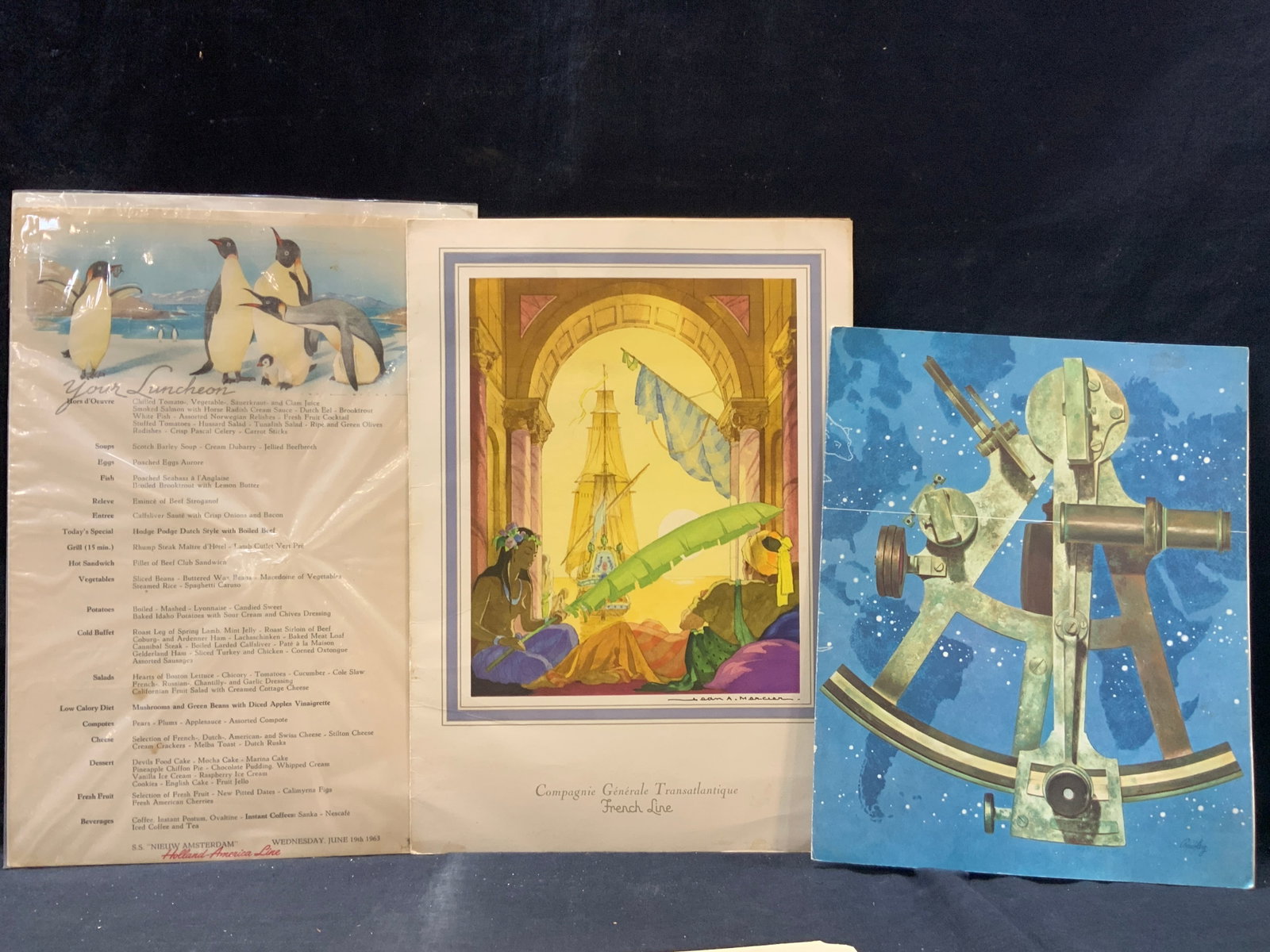 Lot 3 Vtg Restaurant Illustr. Menus: Lot of 3 vintage Menus, each with illustrations. 1 with penguins from S.S. Nieuw Amsterdam, 1963, a 1969 French menu and 1967 cruise menu from the S.S. President Roosevelt. Largest being 13 x 9.5 inch