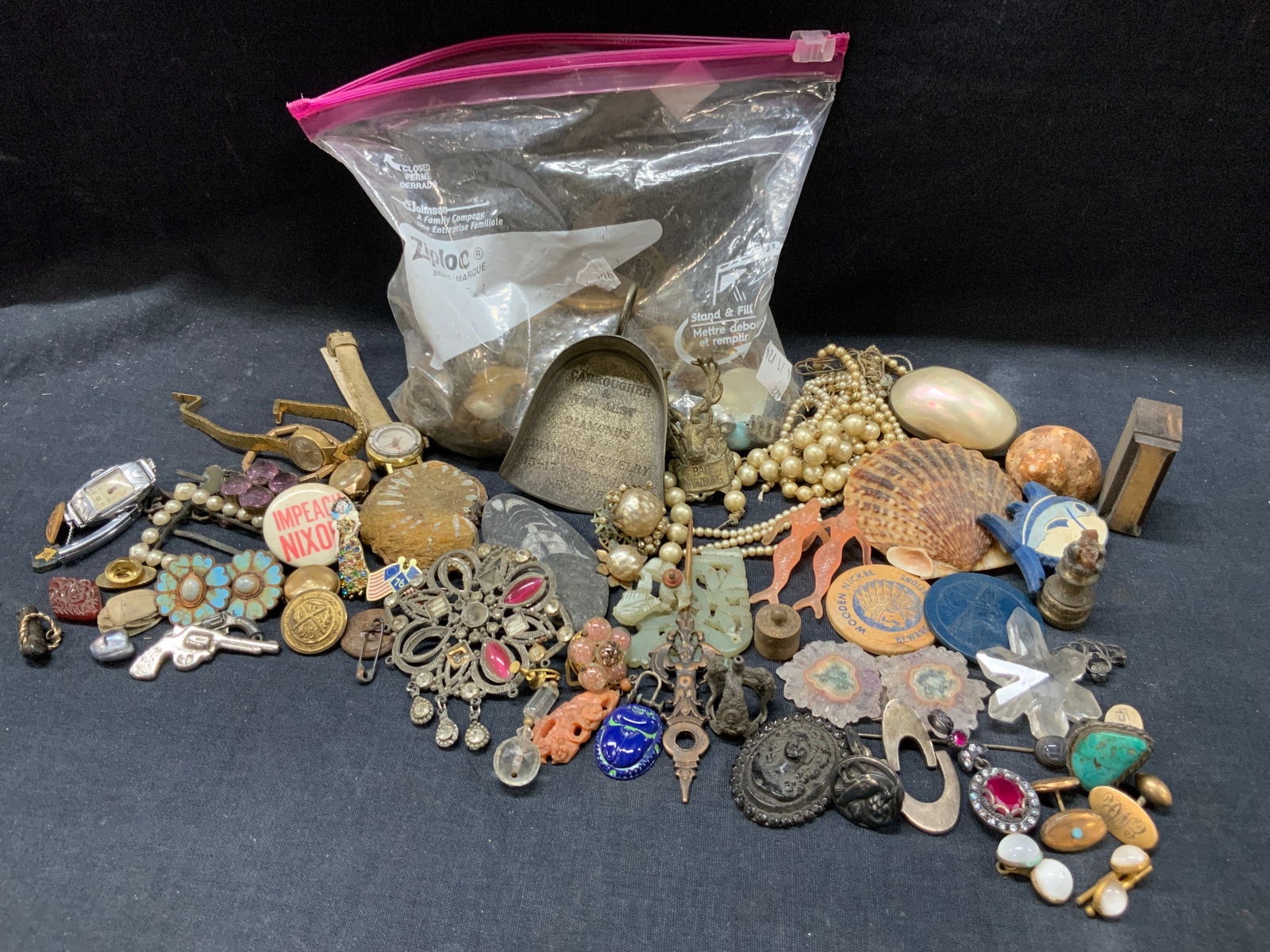 100+ Vtg Sterling Jewelry, Rubies, Watches & More: Lot of 100+ jewelry makers lot and more. Highlights being pearlescent necklaces, real Perl pins and beads, sea shell pins and pill boxes, vintage business tokens, Quartz stones, stone beads. An impeac