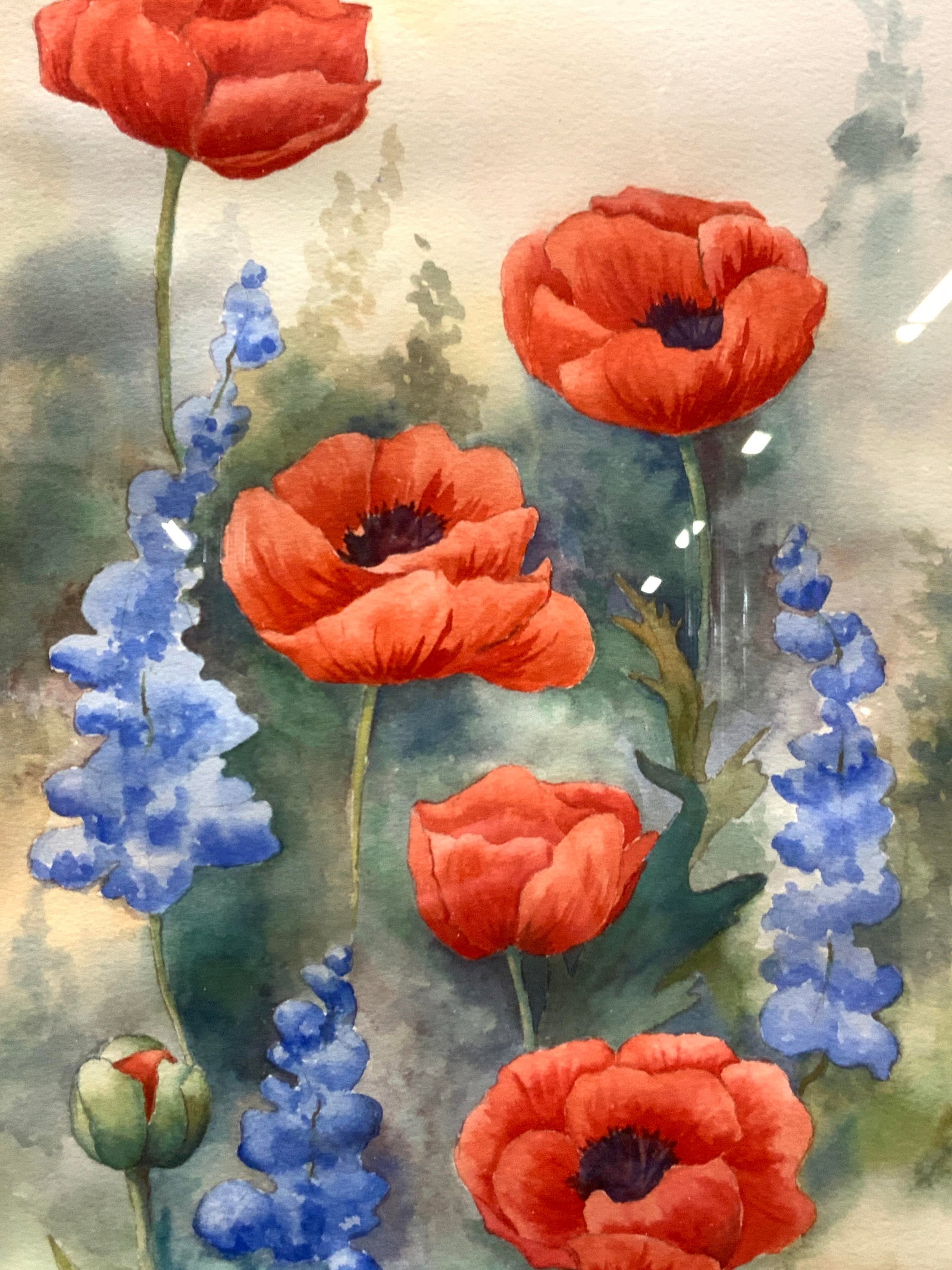 Jan Caskey 2001 Sgd Floral Watercolor: Signed on lower left corner Jan Caskey 2001, Aquarelle archives. Depicts red flowers with lavender. Framed in gold toned metal frame with white mat board, approx 27.5 x 16 inches window measure 21.5 x