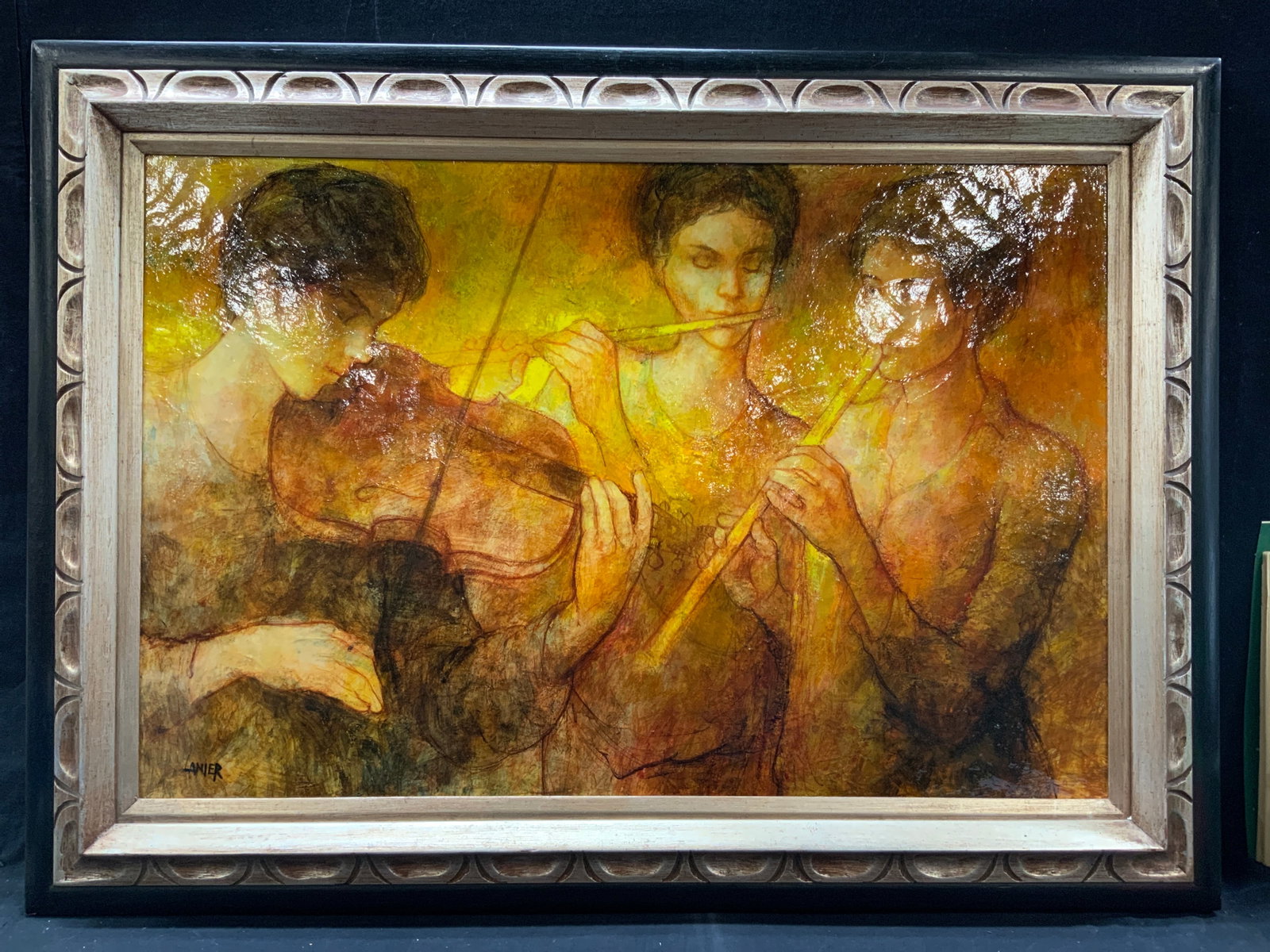 Lanier Sgd Musicians Oil Painting: Signed in lower right corner Lanier Oil painting within clear reflective finish over the painting, Subject depicts three musicians, one playing a violin and others playing a flute and a recorder Frame