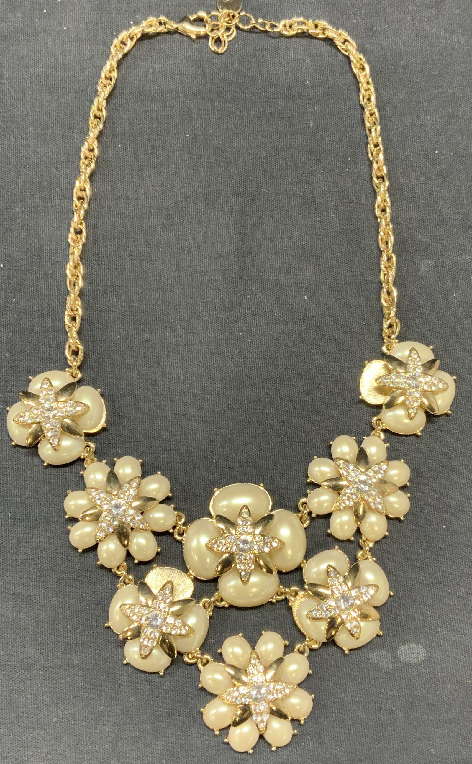 Charter Club Gold Tn Faux Pearl Necklace: Charter Club gold tone faux pearl and crystal pendant necklace. Signed on hangtag. Drop length approx. 7 inches. Some surface wear including scratching observed. Some faux pearls need replacement. Est