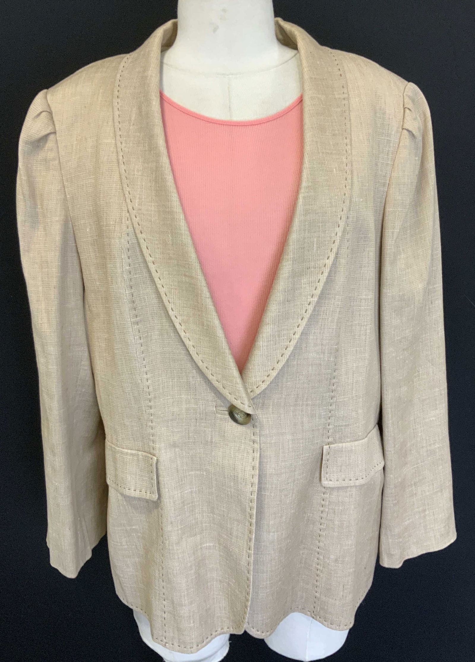 2 TAHARI Linen/Cotton Blend Blazer, Strenesse Tank: Strenesse salmon color tank top , size small, made in Austria, 70% cotton, 30% nylon. TAHARI size 14 beige blazer with exterior stitching . Combination of viscose, linen, cotton, and elastane., Ladies