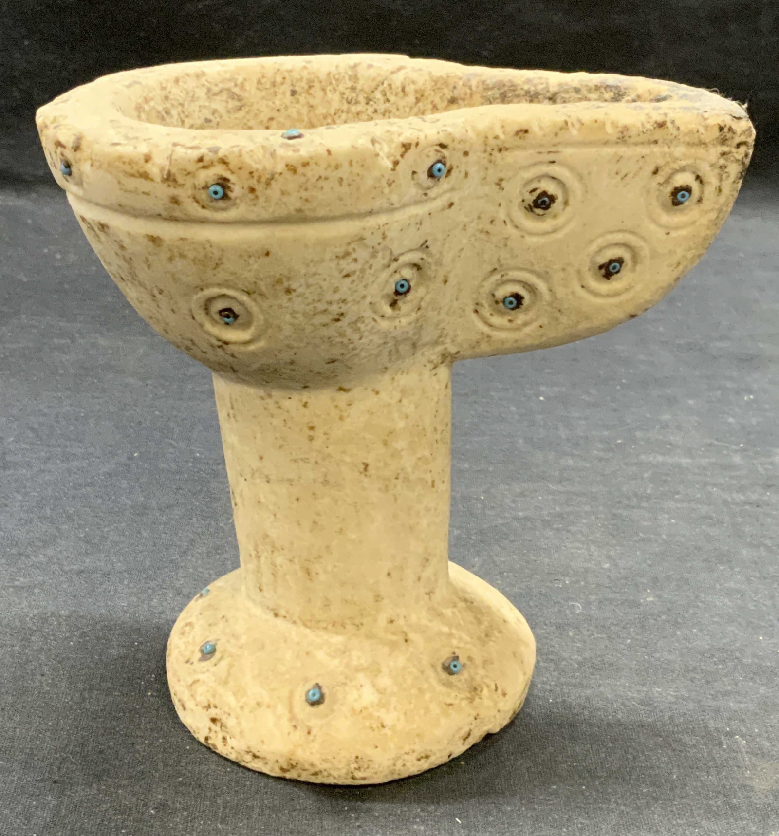 Byzantine Style Carved Marble Oil Lamp: Byzantine style carved marble oil lamp with blue bead detail. Piece has weight. Measures approx. 5.5 x 3.75 x 5.25 inches. Surface wear including scratching and chipping observed. Byzantine style oil 