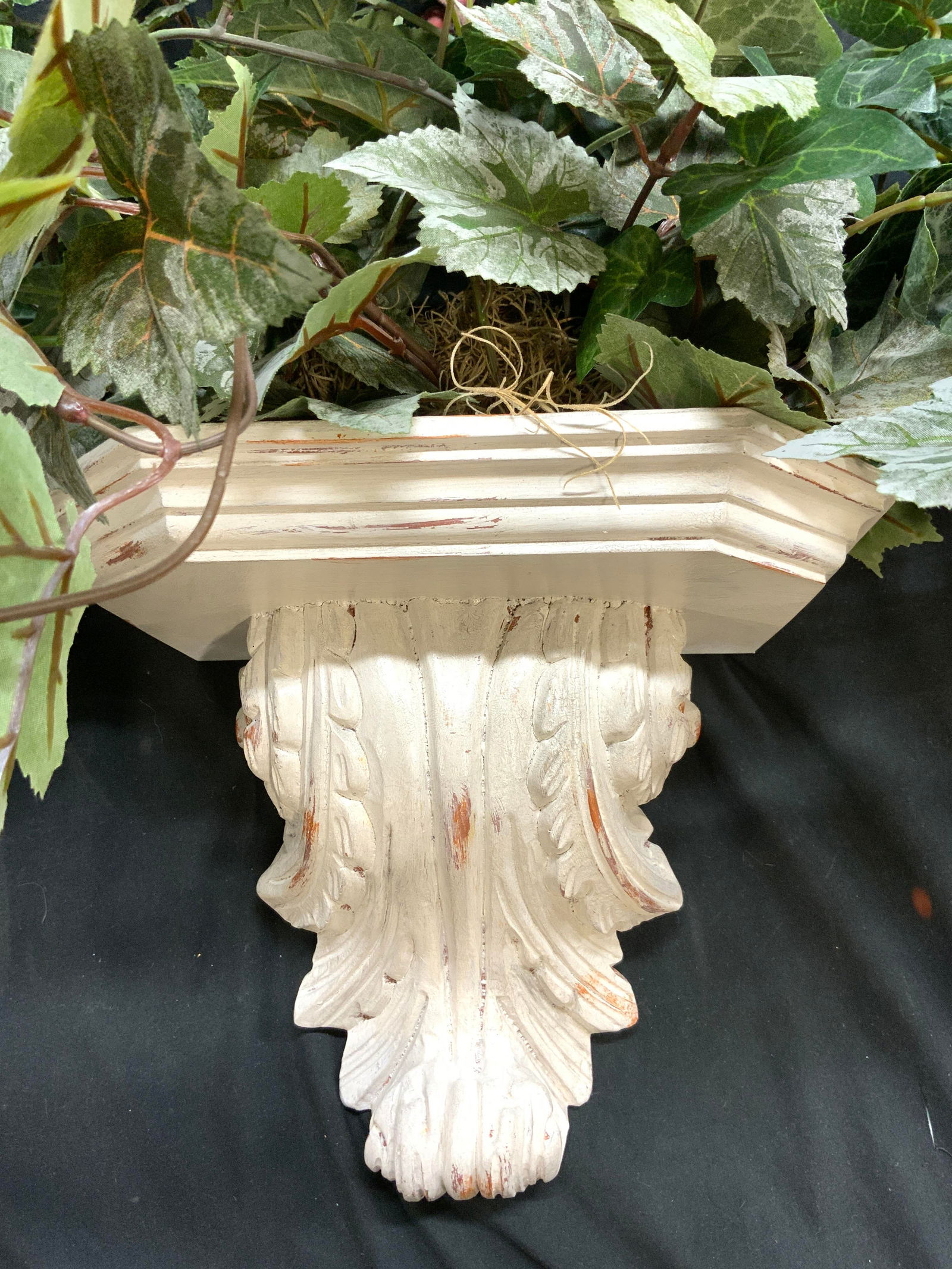 Carved Wooden Scrolled Wall Shelf W Faux Foliage (1 of 7)