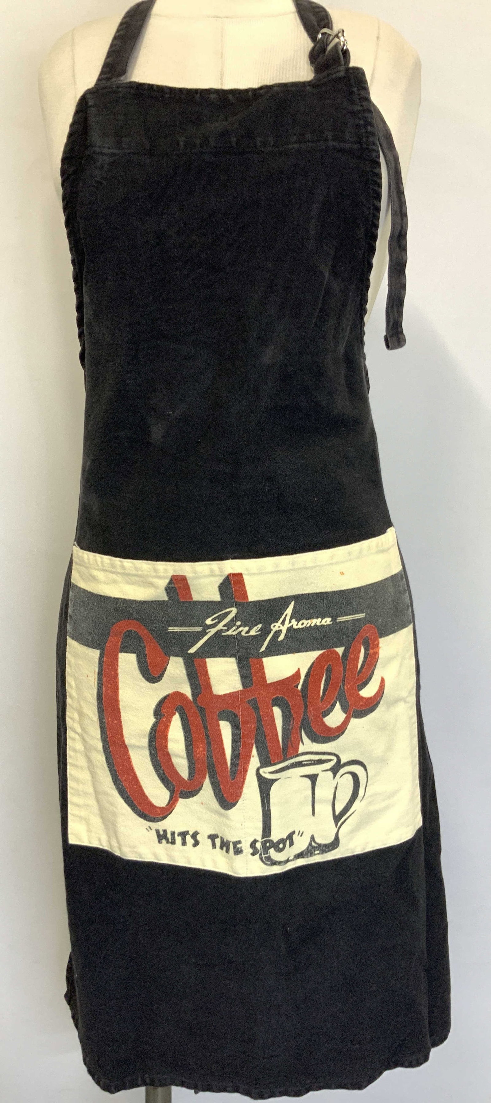 Vtg Cotton Fine Aroma Coffee Apron: One size fits all, black toned cotton apron with two pockets and graphic reading Fine aroma, coffee hits the stop. Approx 36 inches long and 24 inches wide Moderate blemishes to fabric Mens apron. Apr