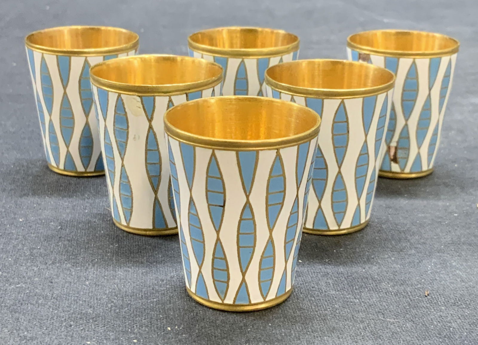 Set 6 Gilt Blue & White Enamel Shot Glasses (1 of 6)