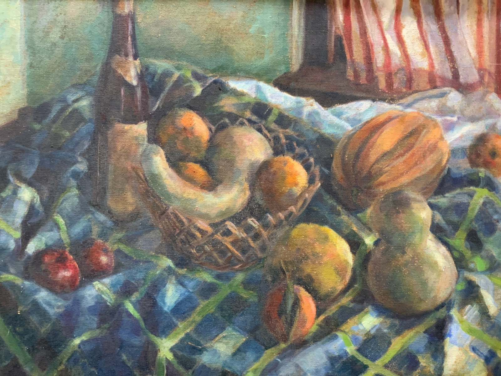 Svcrary Signed Still Life Oil Painting: Signed on lower corners, S V cracy Depicts a still life of pumpkins and other squashes on blue and green checkered table. Framed in a wooden frame. Approx 23 x 29 inches window measures 21 x 27 inches