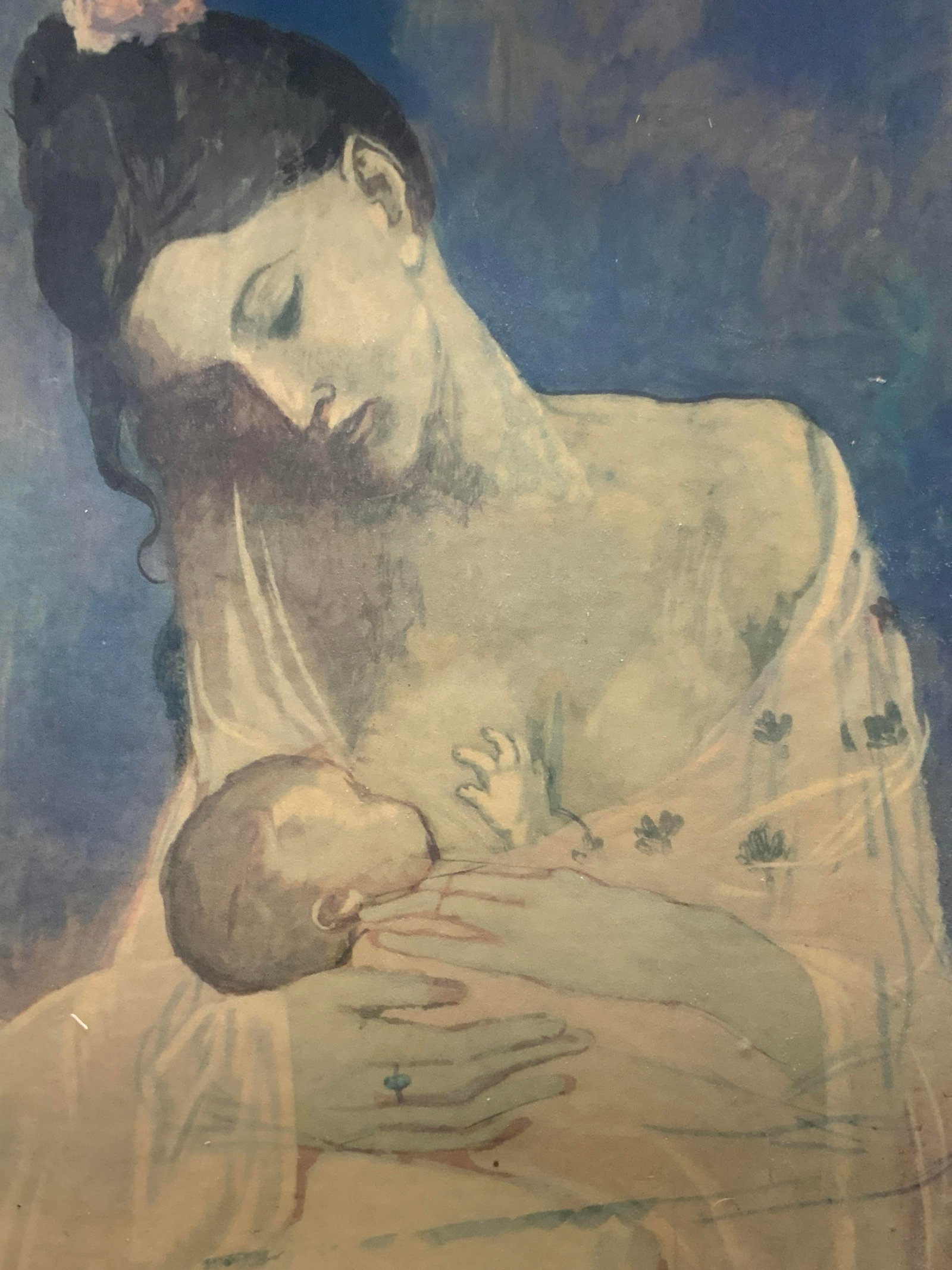 Picasso Maternity Lithograph: Marked Picasso in corner. Lithograph on board of the painting, Maternity, depicting a mother breastfeeding her baby. Framed in a light toned Wooden frame Approx 25 x 20 inches window measures 18 x 14 