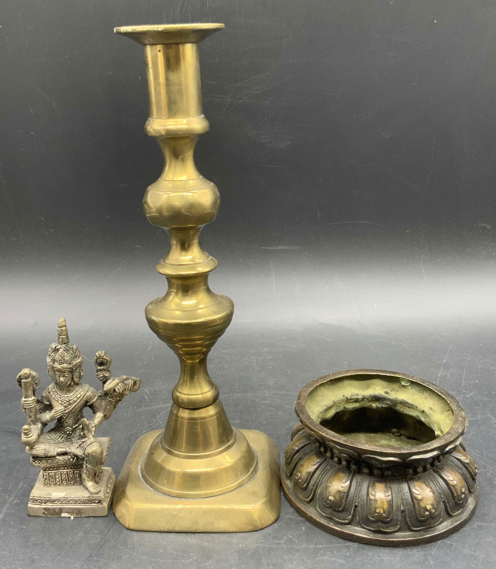 Lot 3 Metal Candlestick, Deity Figural, & Stand (1 of 7)