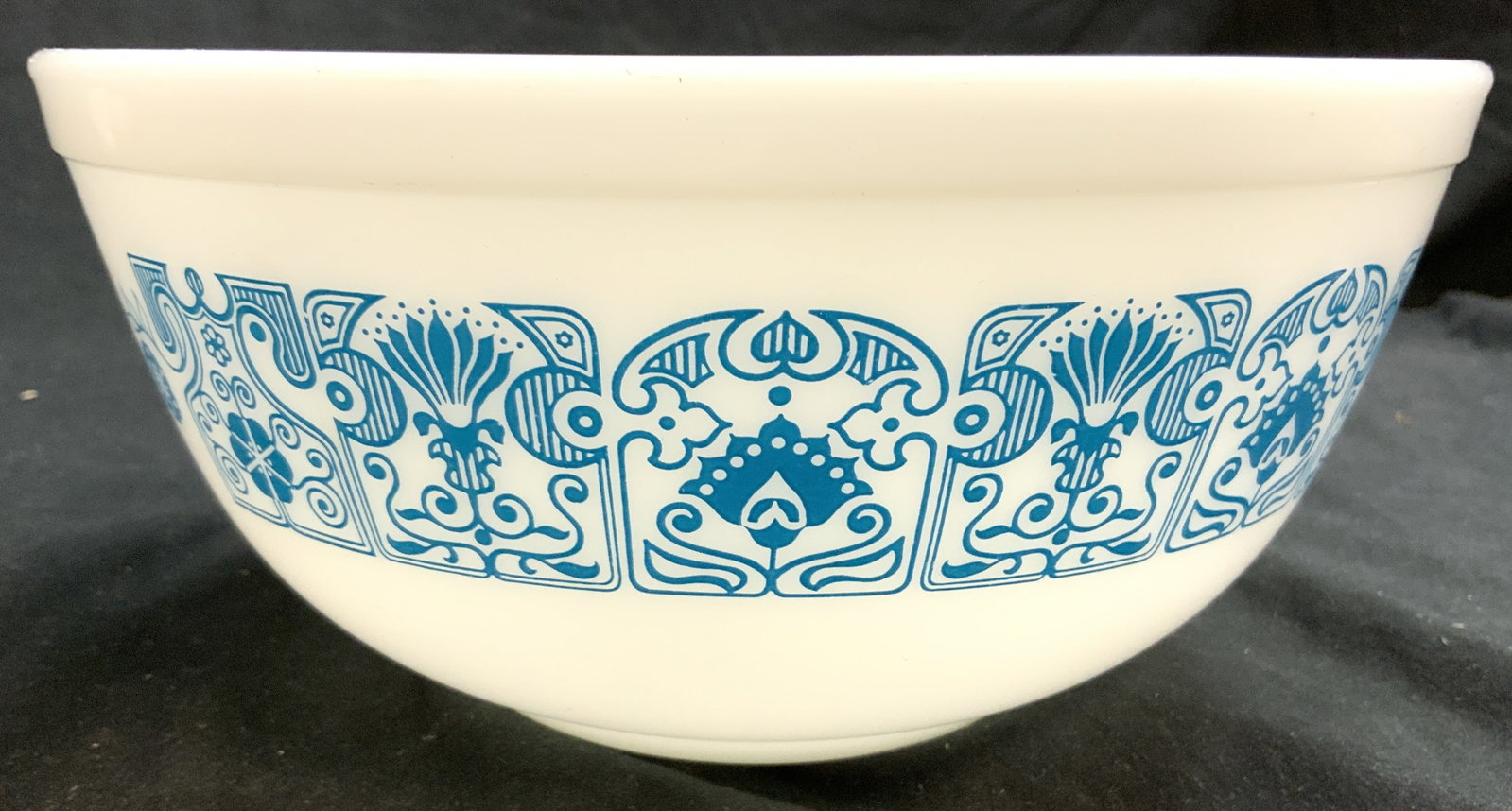 PYREX Glass Bowl Vessel W Blue Detail USA: Underside reads PYREX MADE IN USA. Bowl is white with blue toned floral and geometric pattern detail. Rim has lip. Bowl measures approximately 8.75 inches diameter 4 inches tall. Bowl, glass bowl, Pyr