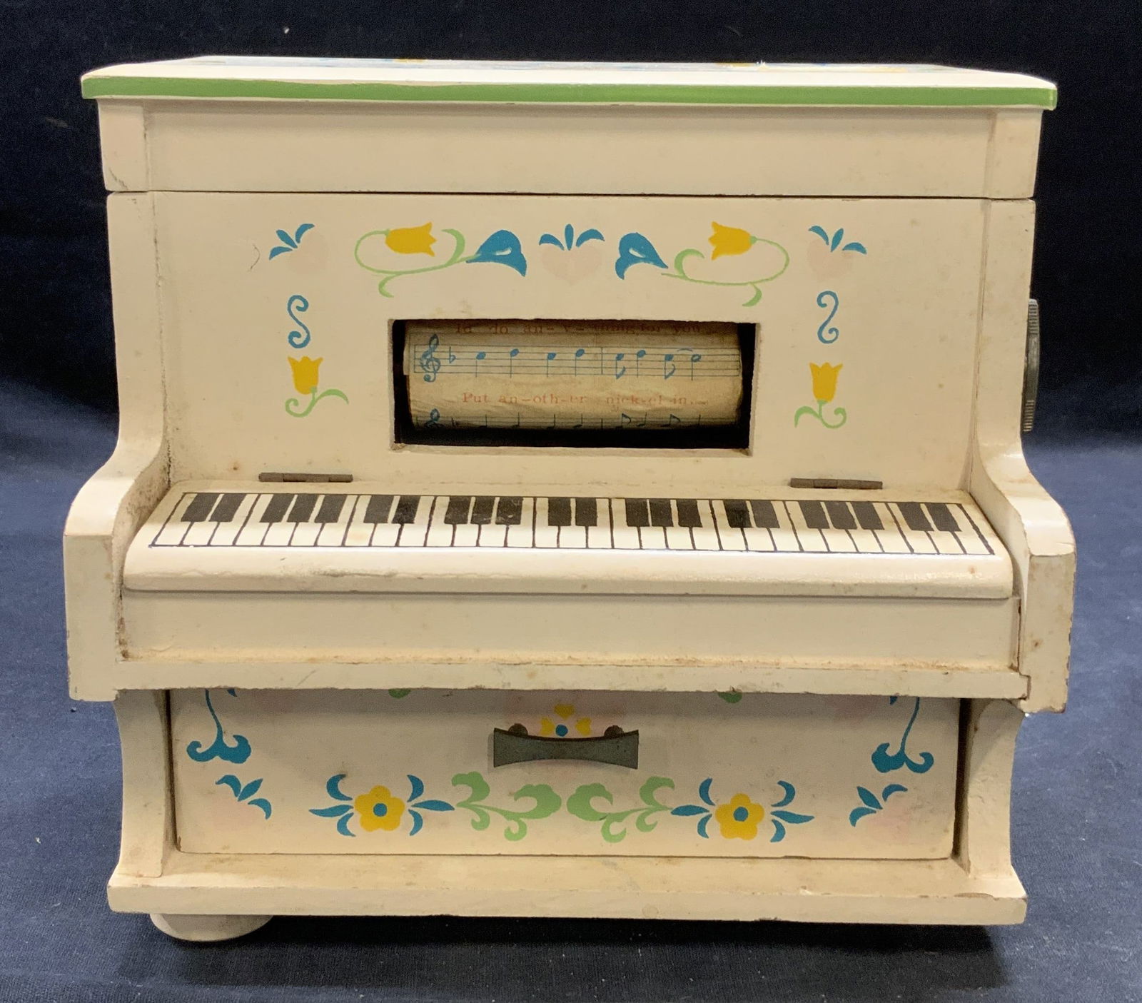 1966 Orient Services Wood Piano Music Box: Vintage 1966 Orient Services limited wood piano motif jewelry music box. 3 compartments with mirror. Trademarked to underside. Measures approx. 7.25 x 5 x 7 inches. Surface wear include in scratching