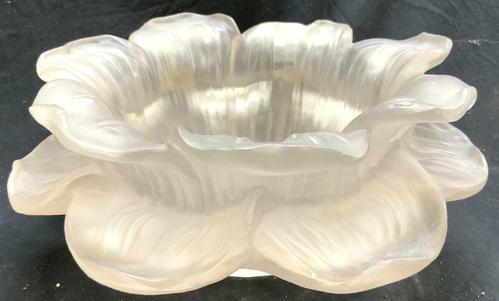 Frosted Resin Floral Centerpiece Vessel: Tag on underside reads Hand Made From Polyester Resin. Centerpiece has floral form. Vessel is frosted. Piece measures approximately 11.25 inches wide. Centerpiece, resin centerpiece, vessel, frosted f