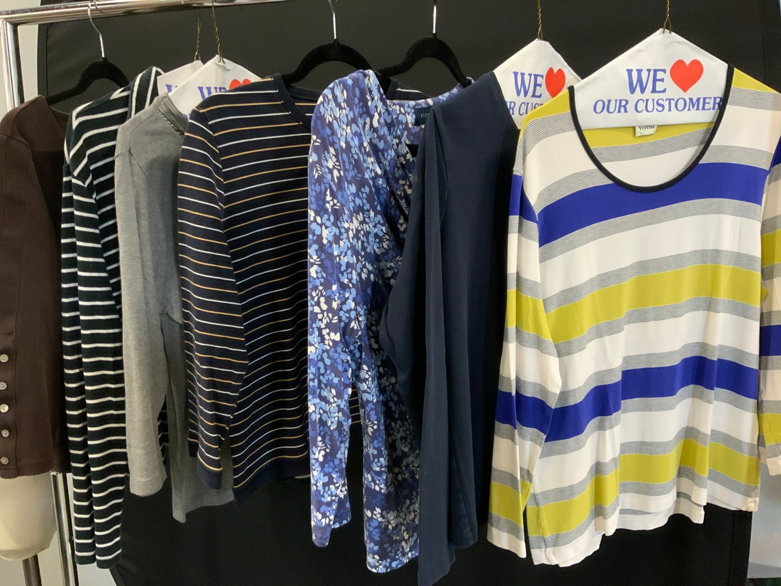 Viyella Grp 7 Long Sleeve Vtg Shirts: Group of vintage Viyella long sleeve knit cotton ladies shirts , Size Large. A few with striped design- back and white. Navy, white, and beige. Chartreuse, white , and black. Solids include brown and 