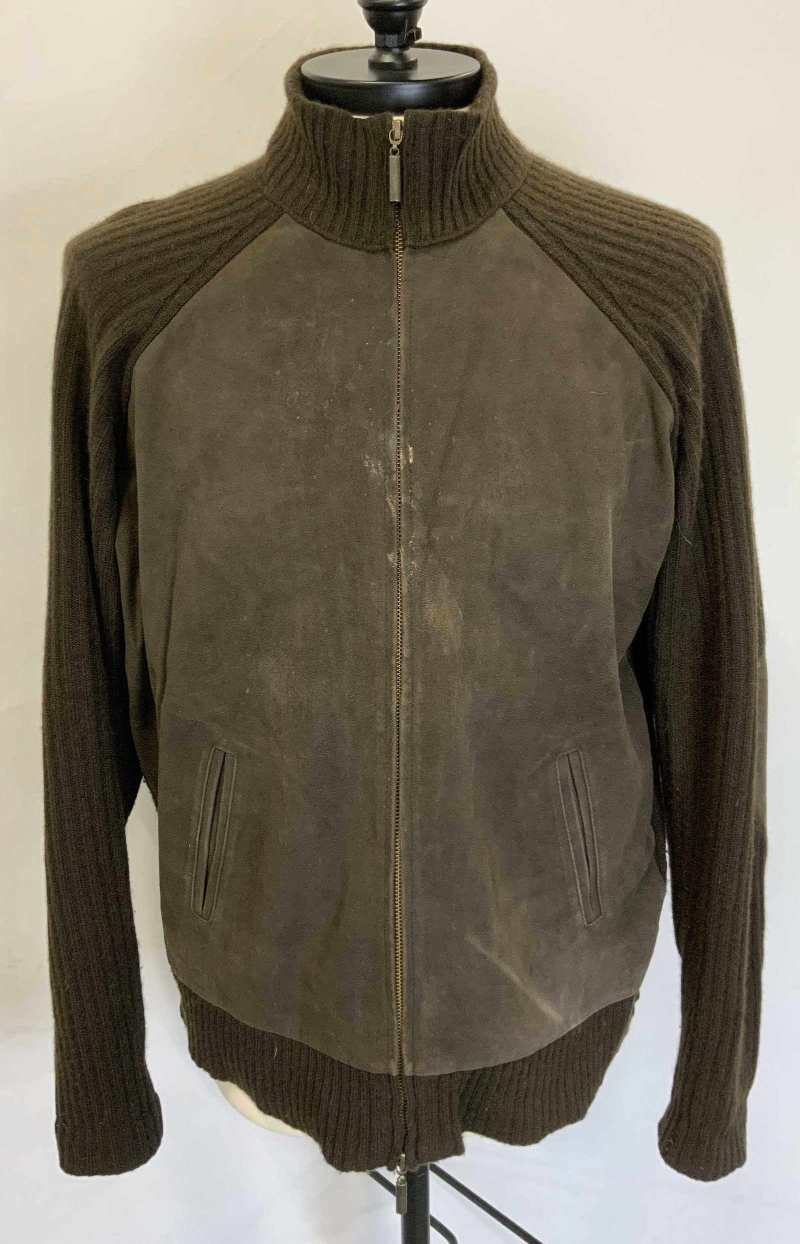 IQ Brown Suede & Cashmere Zippered Sweater: IQ brown zippered sweater. Material feels like suede and cashmere. Size L. Some wear to material including pilling and blemishes observed. iq, iq sweater, mens designer sweater, mens designer fashion,