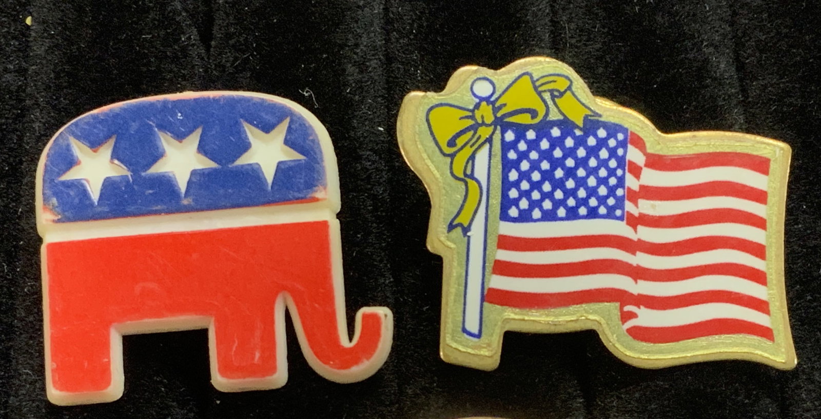 American Flag & Republican Elephant Political Pin: Enamel American flag pin, 1.25 x 1 in. Plastic Republican Party Political Elephant Pin, 1 x 1 in. American Flag Pin, lapel pins, Republican Party Political pin, Republican Elephant Lapel pin, unisex l