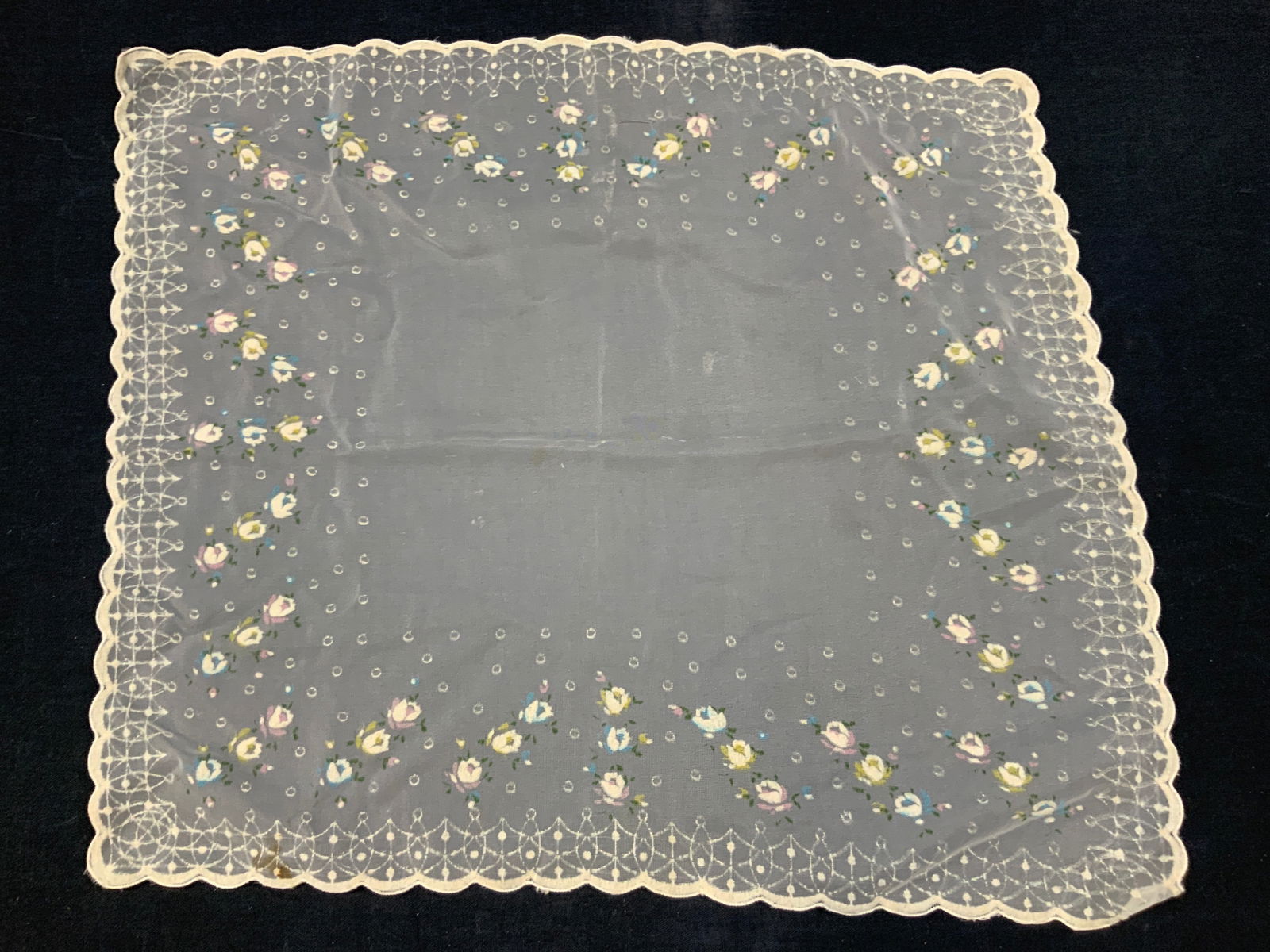 Vtg Lace Appliques Handkerchief: Vintage lace made handkerchiefs with rose appliques with blue and pink and yellow leaves and fabric scalloped edges, approx 13 x 14 inches Evident wearing an discoloration to linen and lace Vintage ac