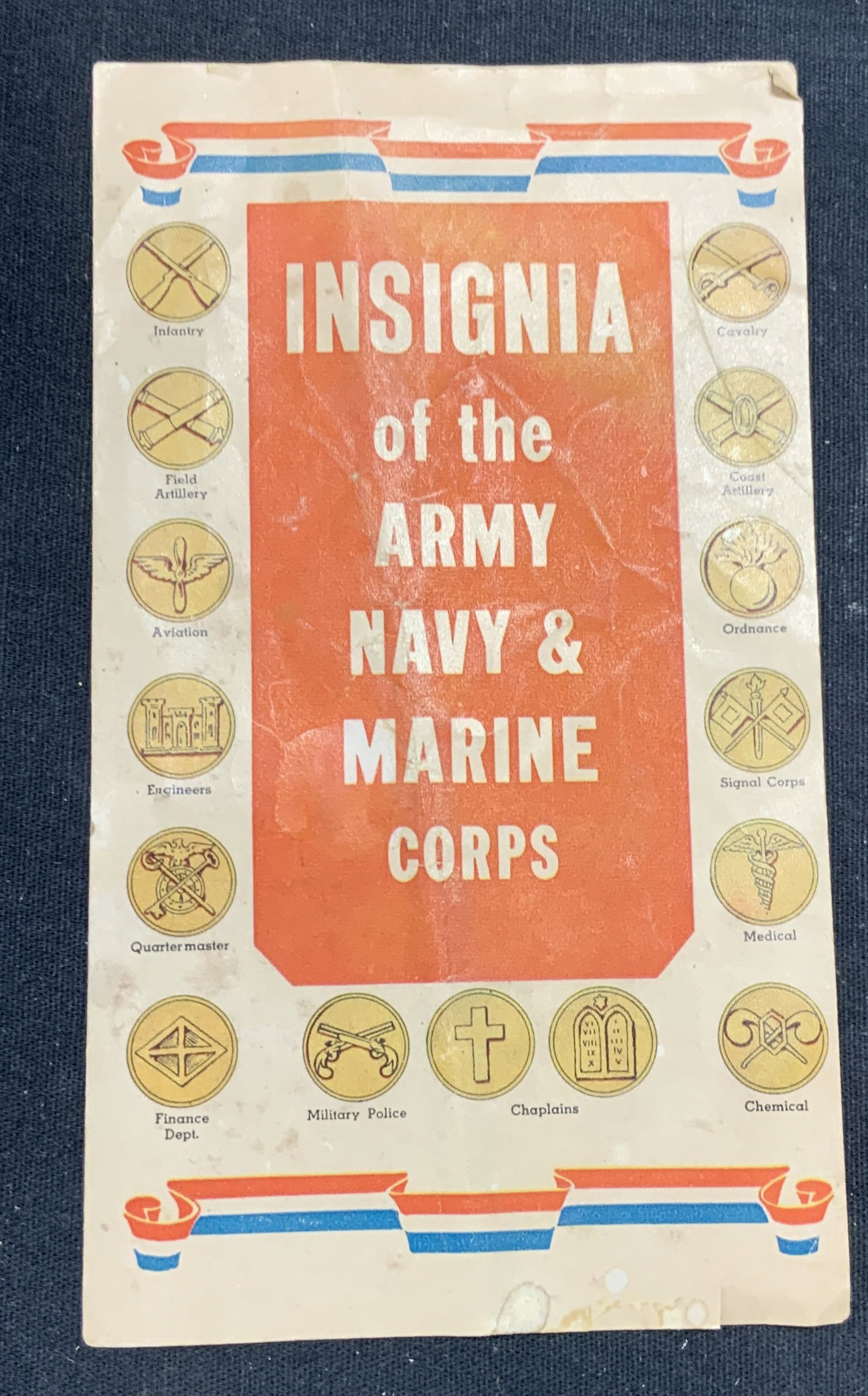 Vintage Army Navy Marine Insignia Pamphlet: Vintage Insignia of the Army, Navy, and Marine Corps pamphlet. Fold out. Illustrated in color. Measures approx. 6.25 x 3.5 inches folded. Some wear to material consistent with exposure. Army, navy, ma