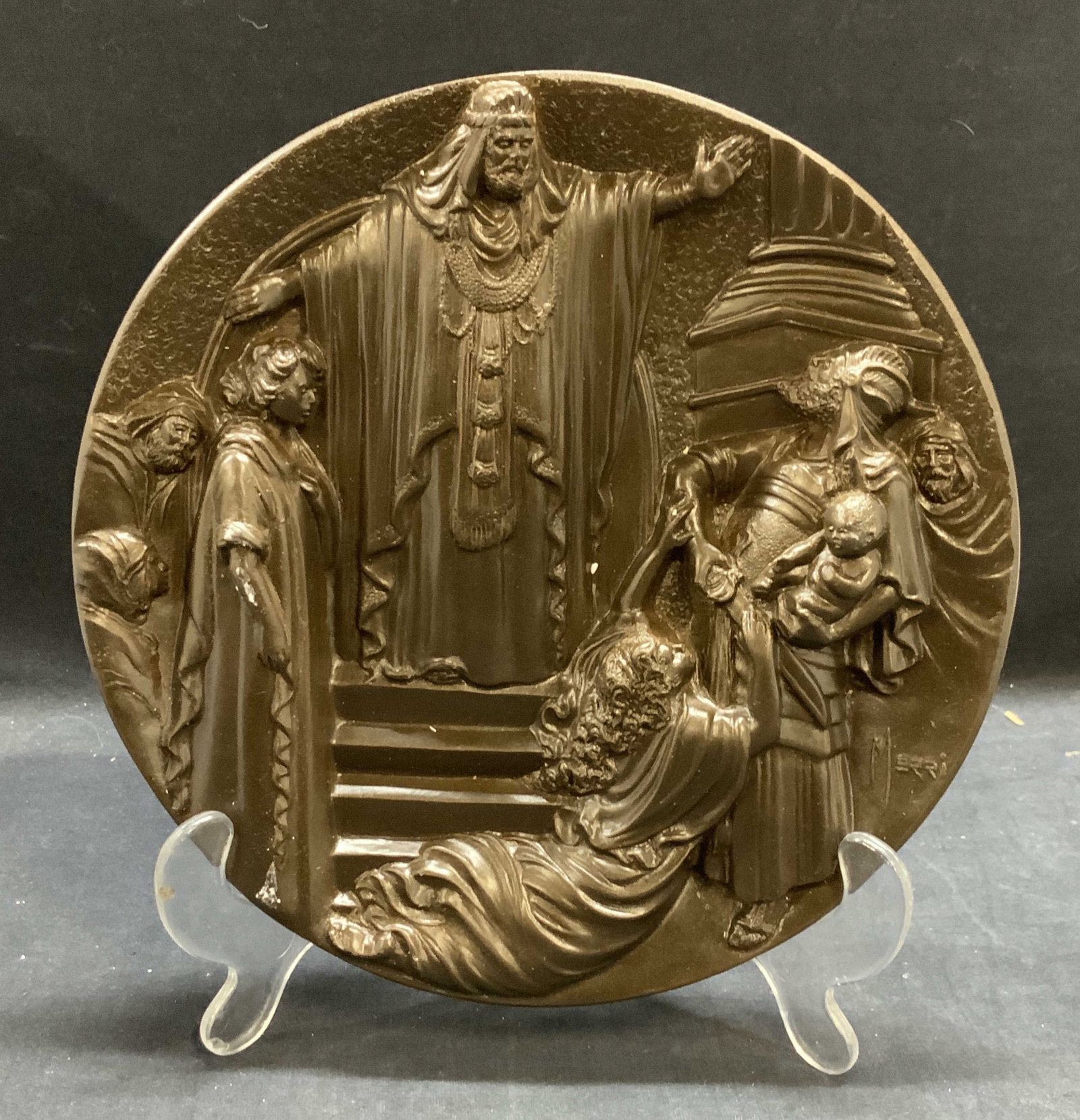 Rhodes Studio Judgment OF Solomon Fused Bronze: Rhodes Studio 1988 The Judgment of Solomon fused bronze plate. Treasures of the Dore Bible Collection. Raised relief. Piece has weight. Measures approx. 8.25 inches wide. Includes box. Some surface we