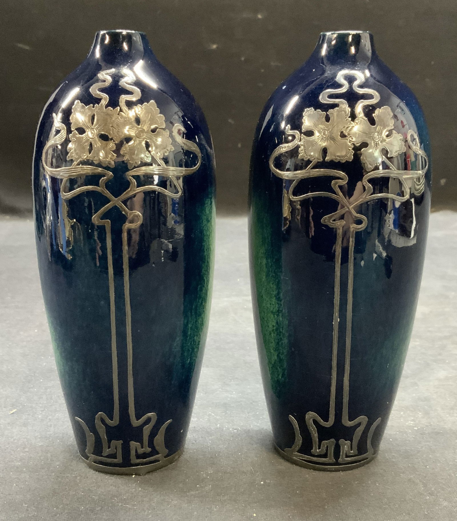 Pair Signed Sterling Silver Overlay Porcelain Vases (1 of 6)