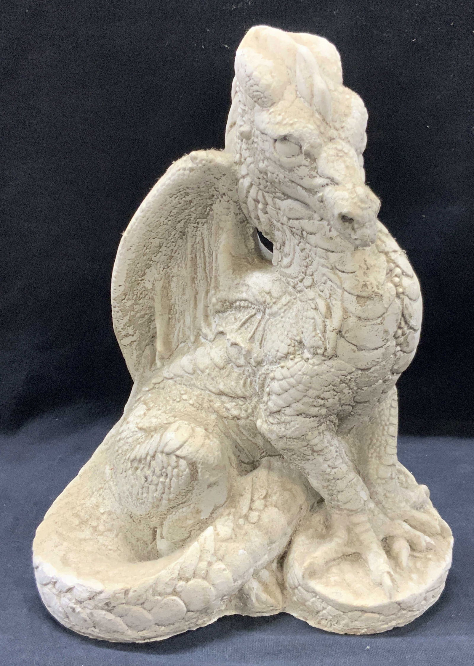 Plaster Crafted Dragon Figural: White toned plaster crafted dragon figure, approx 10 inches tall and 7 inches wide Evident surface wearing due to age and use Dragon decor, outdoor decor, home decor, gardens decor, garden sculpture,