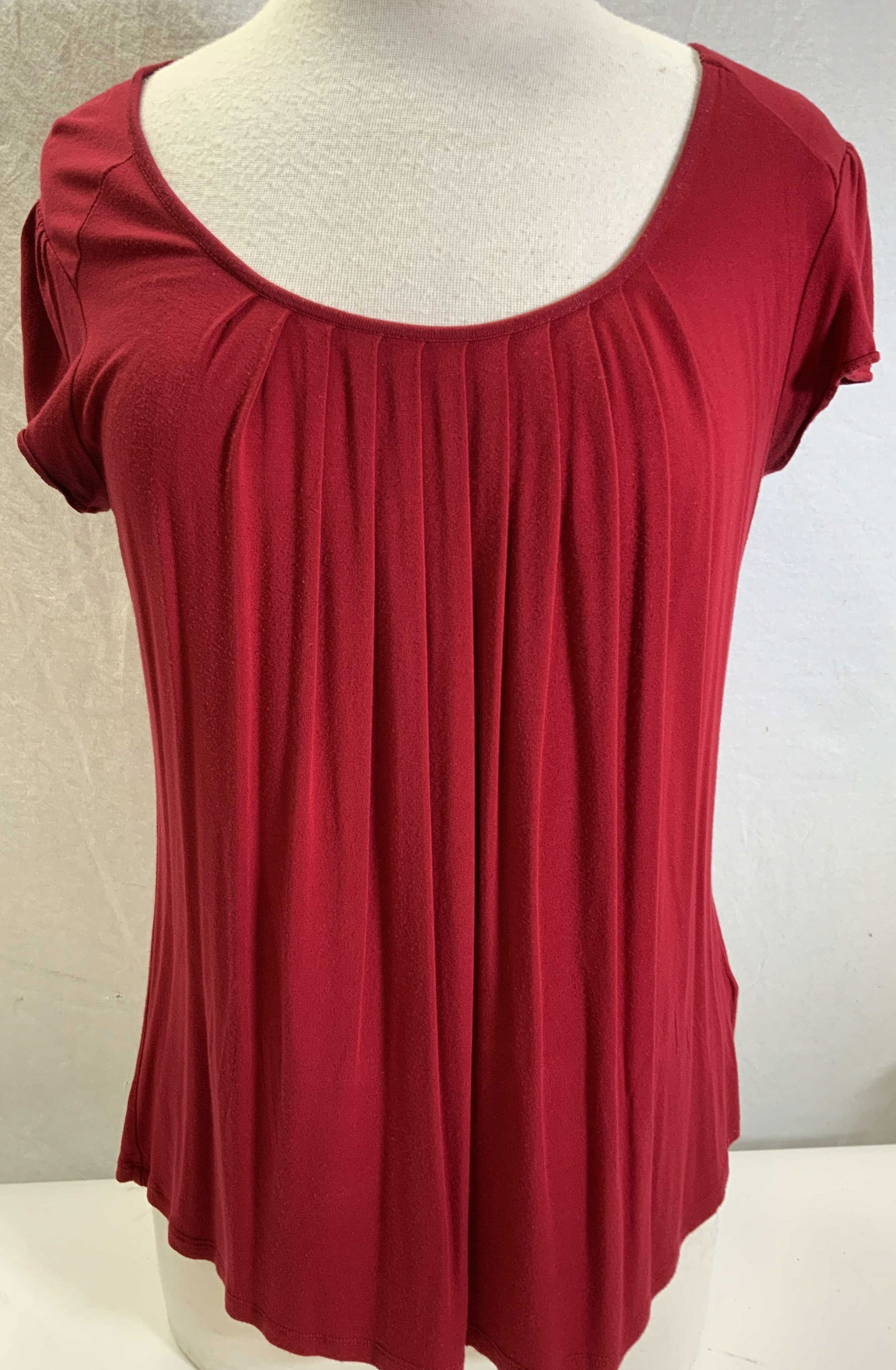 Michael KORS Red Short Sleeve Top: Michael KORS red rayon top. Short sleeves with scoop neck and pleated design from neckline. Discolored under arms. Bright red color. Size Small Petite. Ladies wearables, Luxury designer Michael KORS r