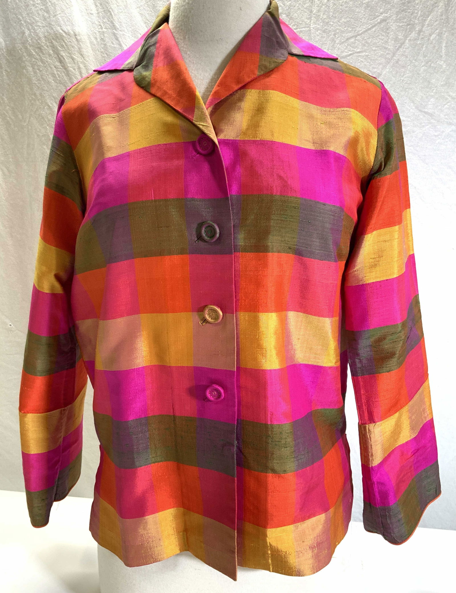 Star of Siam Plaid Woven Silk Shirt/ Jacket , Thai: Vintage woven silk long sleeve shirt or jacket, button down. Size 10. Made in Thailand. Made of Bangkok silk, thick fabric. Areas of ripped fabric. 22.5 in. Long. Star of Siam silk Skirt, hand woven s