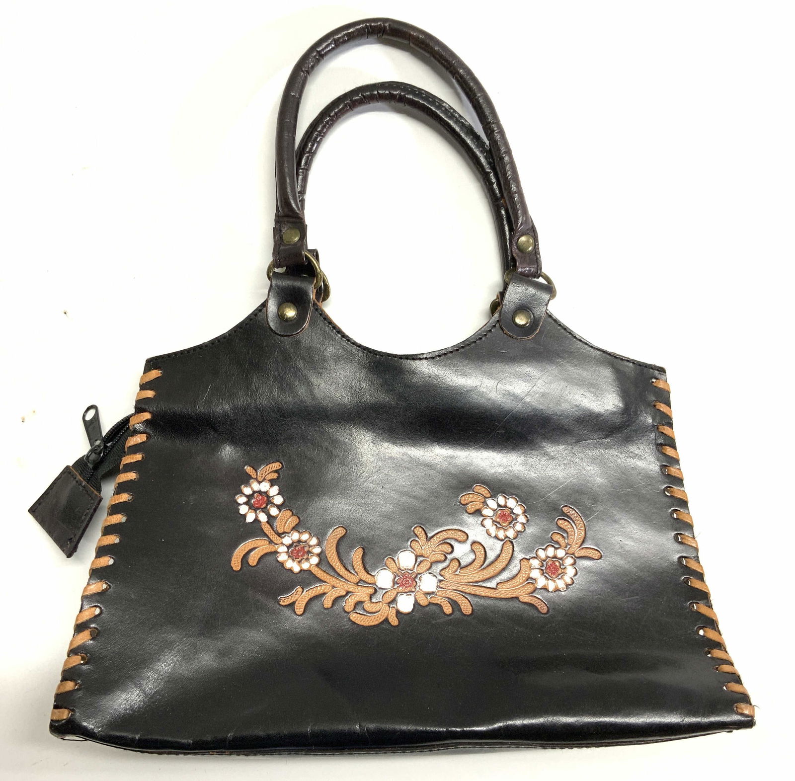 Floral Leather Handbag W Zipper Black (1 of 7)