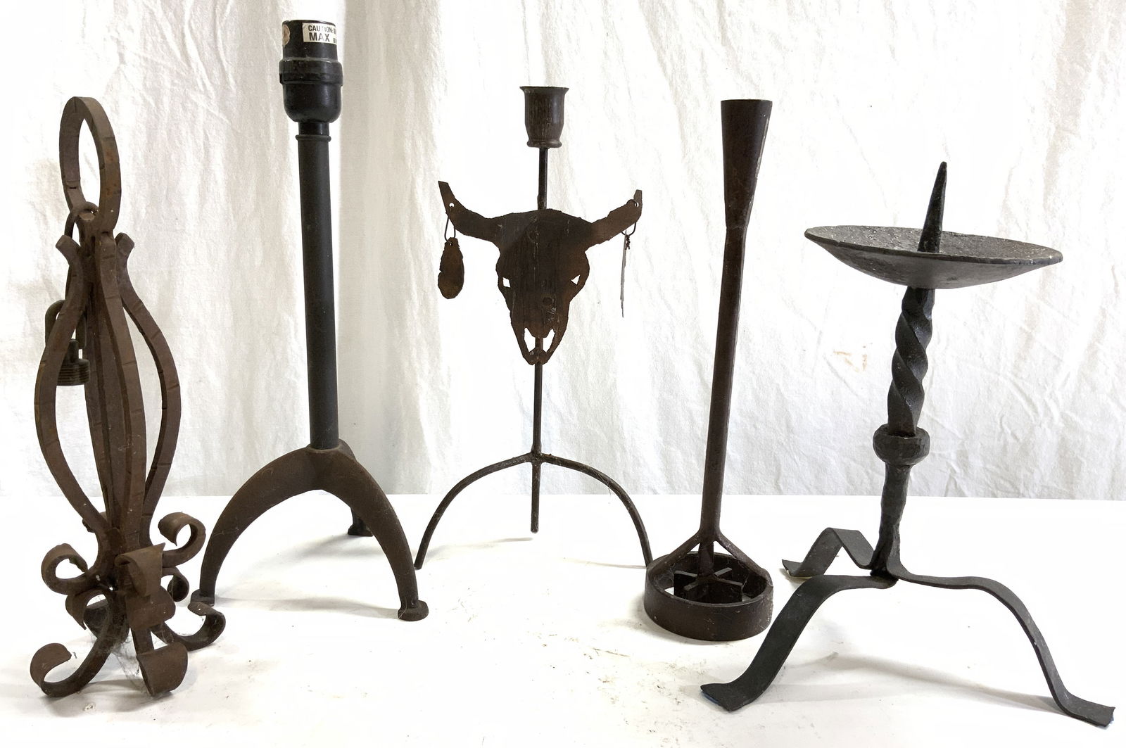 Lot 5 Vtg Iron & Metal Candlesticks & Lamp (1 of 7)