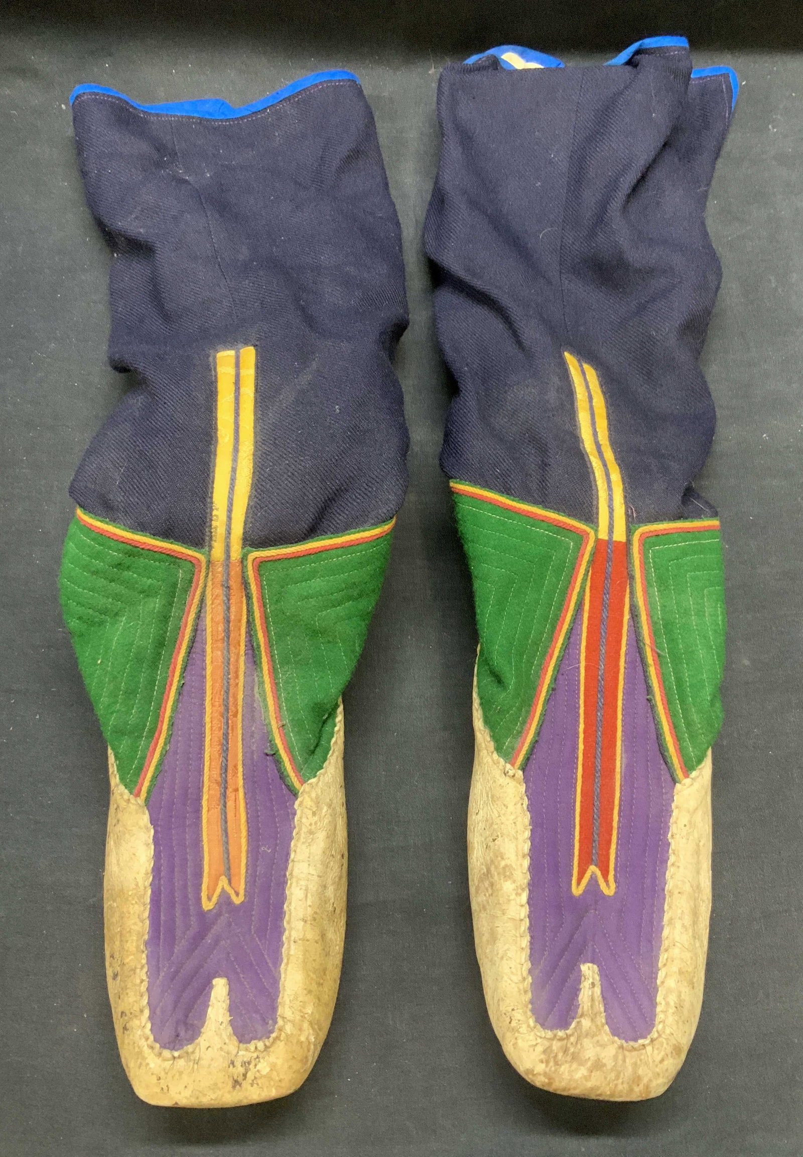 Vintage Leather & Wool Bhutanese Boots: Vintage leather and wool handmade Bhutanese boots. Measure approx. 10 inches long heel to toe. Wear to leather and wool consistent with exposure. Bhutanese shoes, Bhutanese boots, ladies leather boots