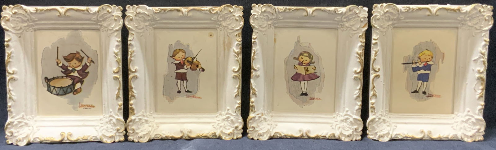 Set 4 Lowell 1952 Child Illustrations: Set of 4 framed 1952 Lowell marked Children Illustrations depicting individual kids playing different instruments. All framed in plaster crafted ornate white frames. Approx 4.25 x 3.75 inches, window