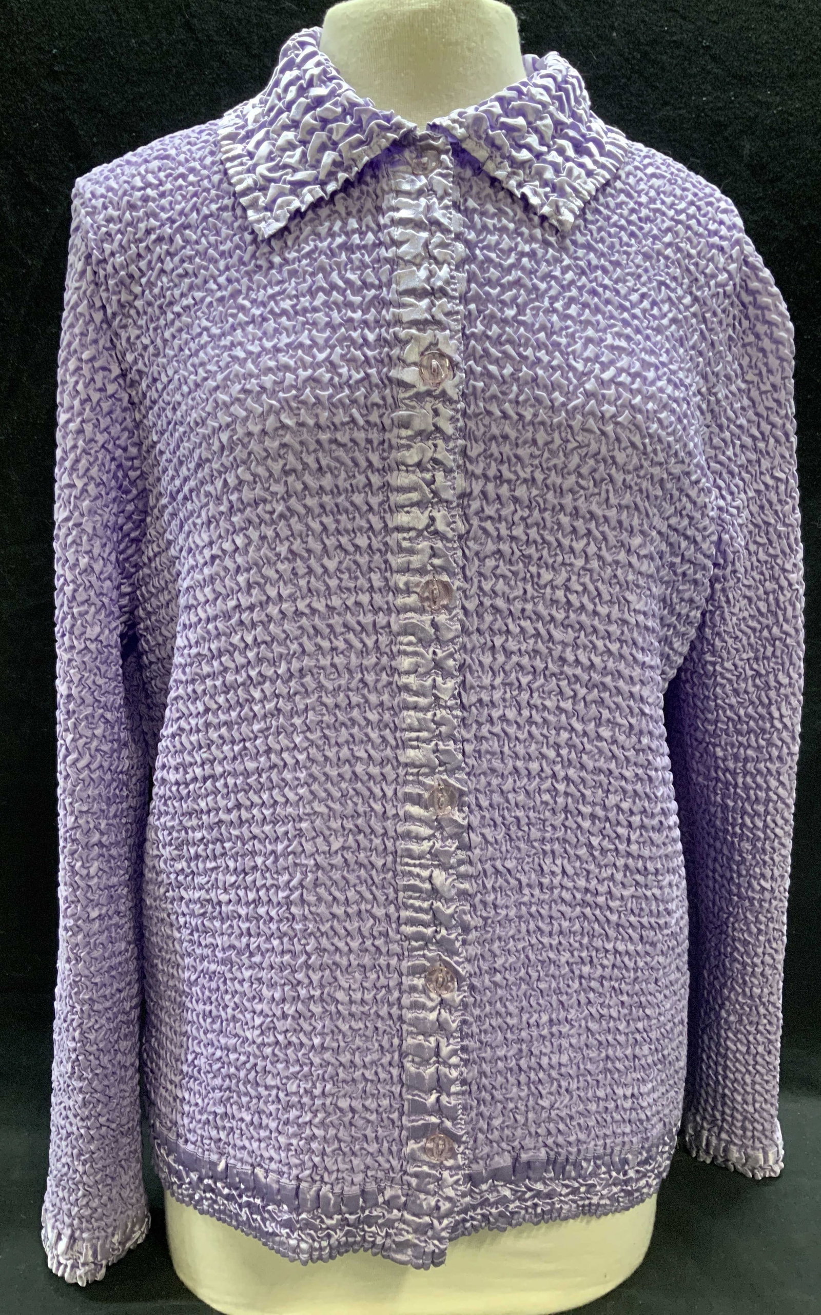 Purple Ruched Satin Button Up Top: Purple ruched satin button up top. Measures approx. 19 inches across chest. Some wear to material consistent with exposure. Ladies top, ladies purple top, ladies satin top, ladies long sleeve top, lad