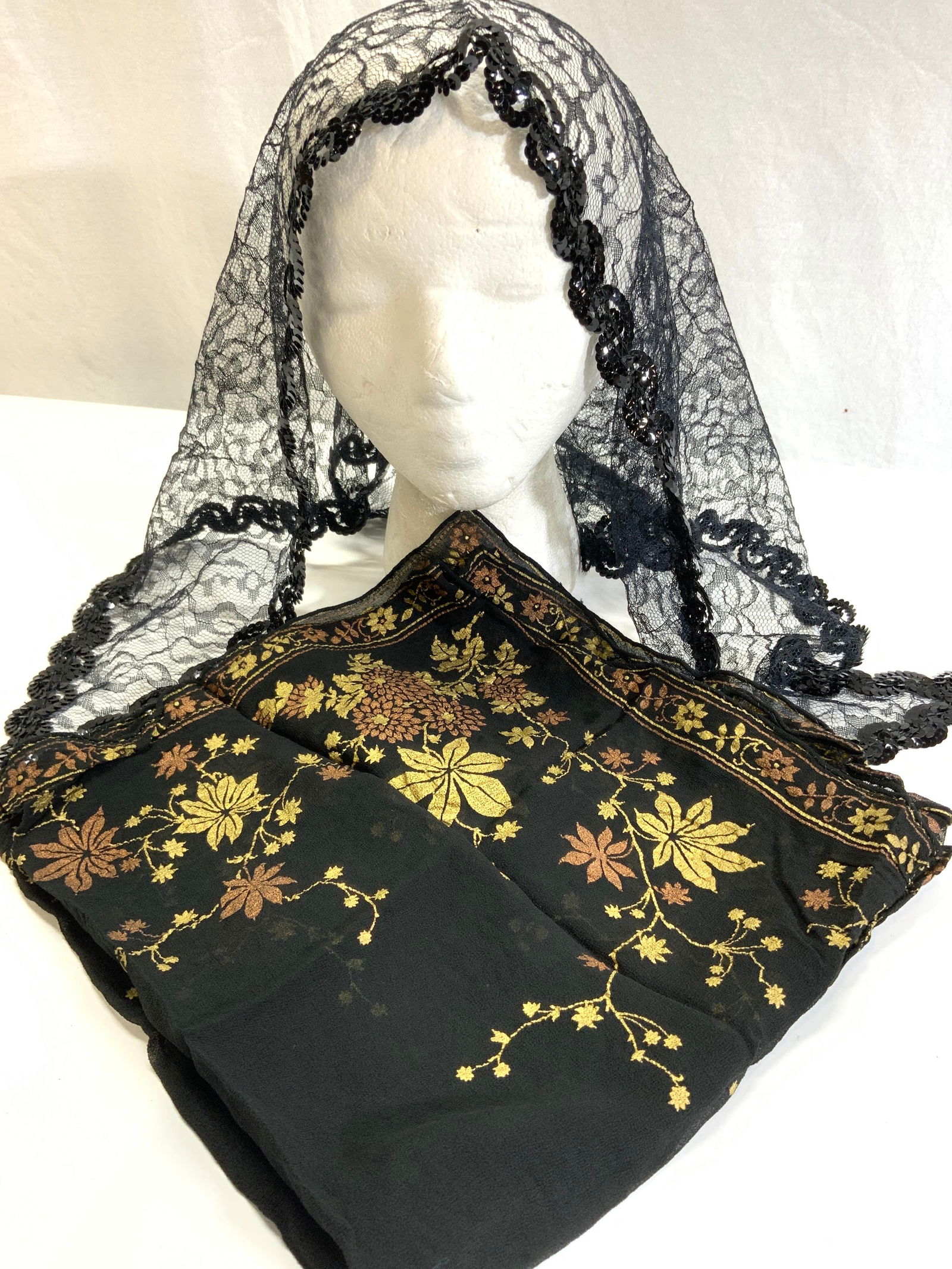 2 Hand Painted Silk Scarf, Lace & Sequin Shawl (1 of 9)