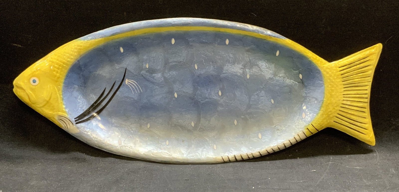 Lacquered Fish Motif Platter: Lacquered fish motif platter. Composite material. Measures approx. 19 x 7.5 inches. Some surface wear including scratching observed. Fish platter, platter, tableware, table decor and accessories, home
