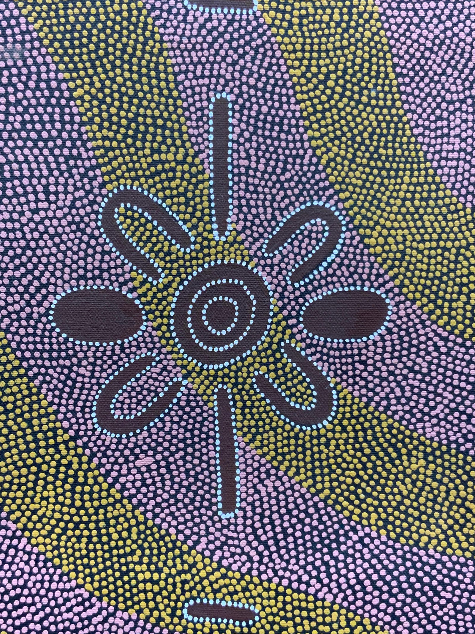 Tanya Price Nangala Sgd Aboriginal Painting: Signed on backside Tanya Price Aboriginal artwork painting in tones of orange and pink with white outlines designs. No frame, approx 12 x 12 inches Moderate wearing to edges of canvas. Home decor, abo