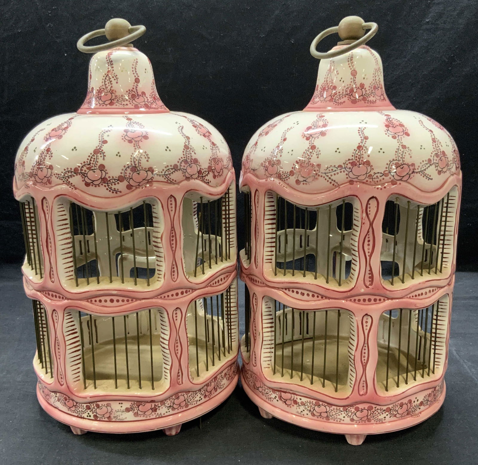 Pair Blossom Faience Ceramic Hanging Bird Cages (1 of 7)