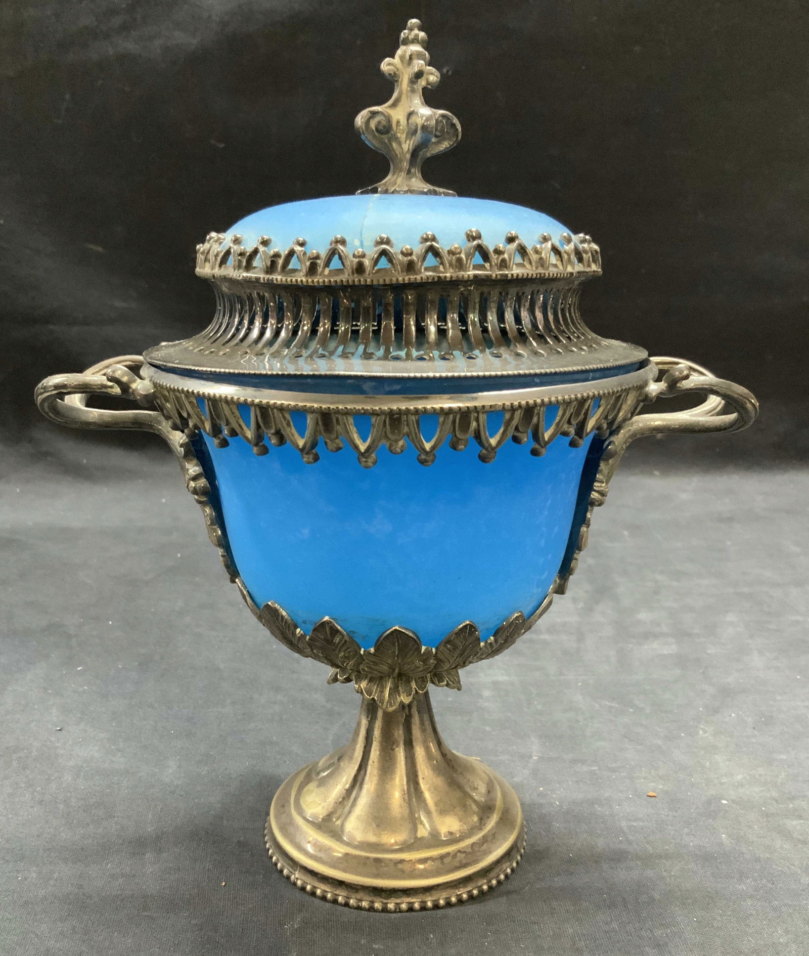 Antique Silver Pl Blue Opaline Glass Footed Bowl (1 of 7)