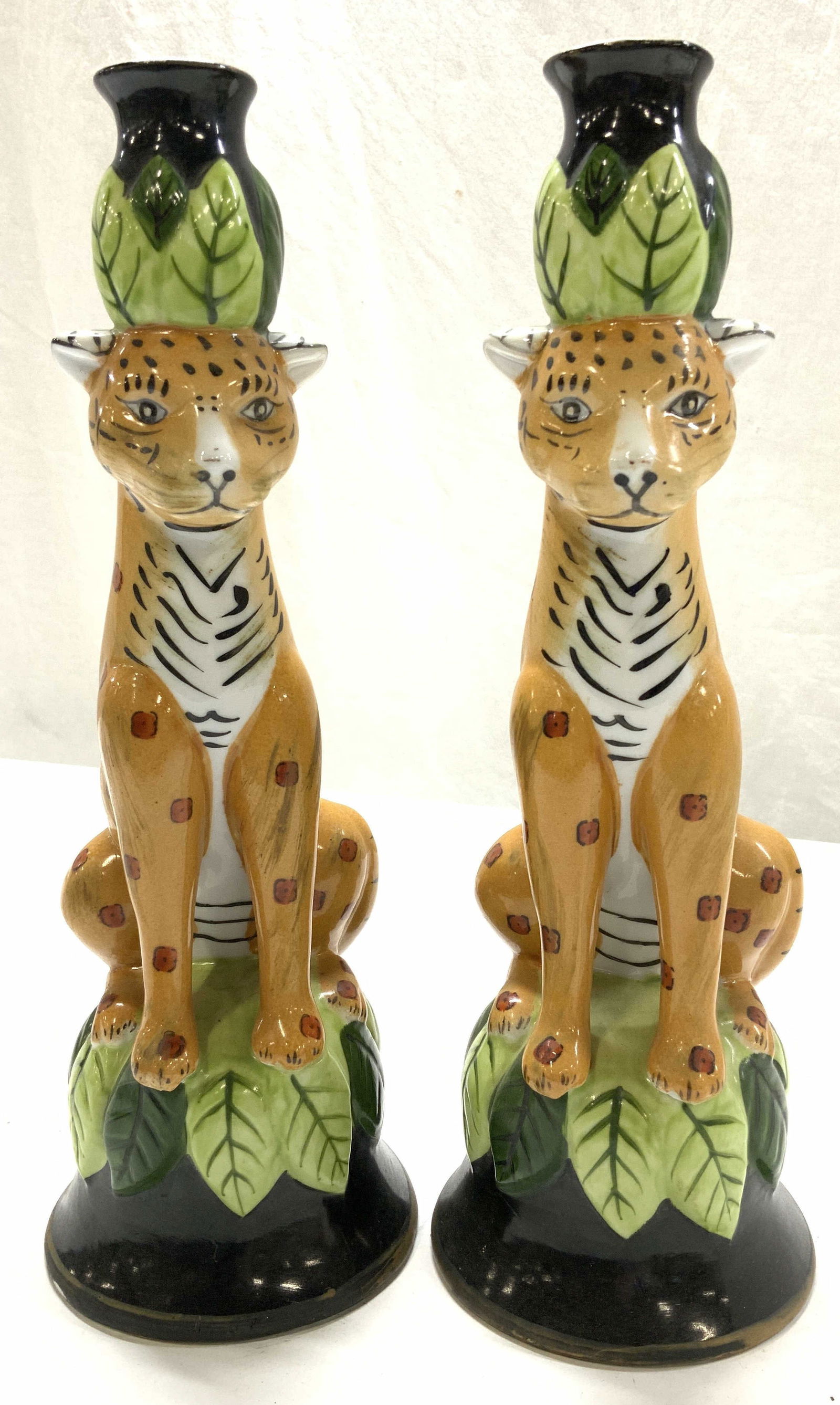Pair CBK Porcelain Jungle Cat Candle Holders 12in (1 of 8)