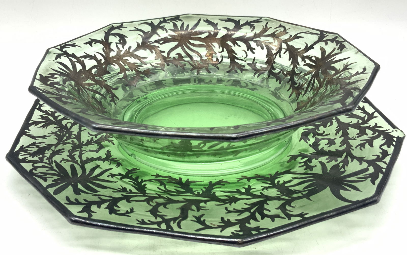2 Green Depression Glass W Silver Overlay Dishes (1 of 8)